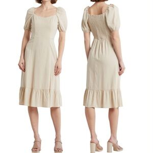 Ellen Tracy Sweetheart Neckline Balloon Sleeve Flounce Linen Midi Dress Sz Large